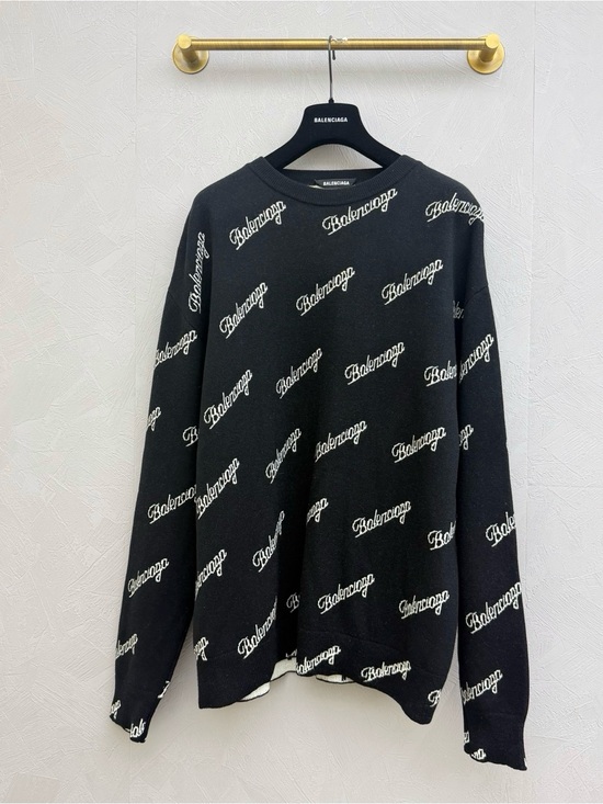 Balenciaga Pants - Balenciaga Black Crewneck Sweater with White All-Over Logo
